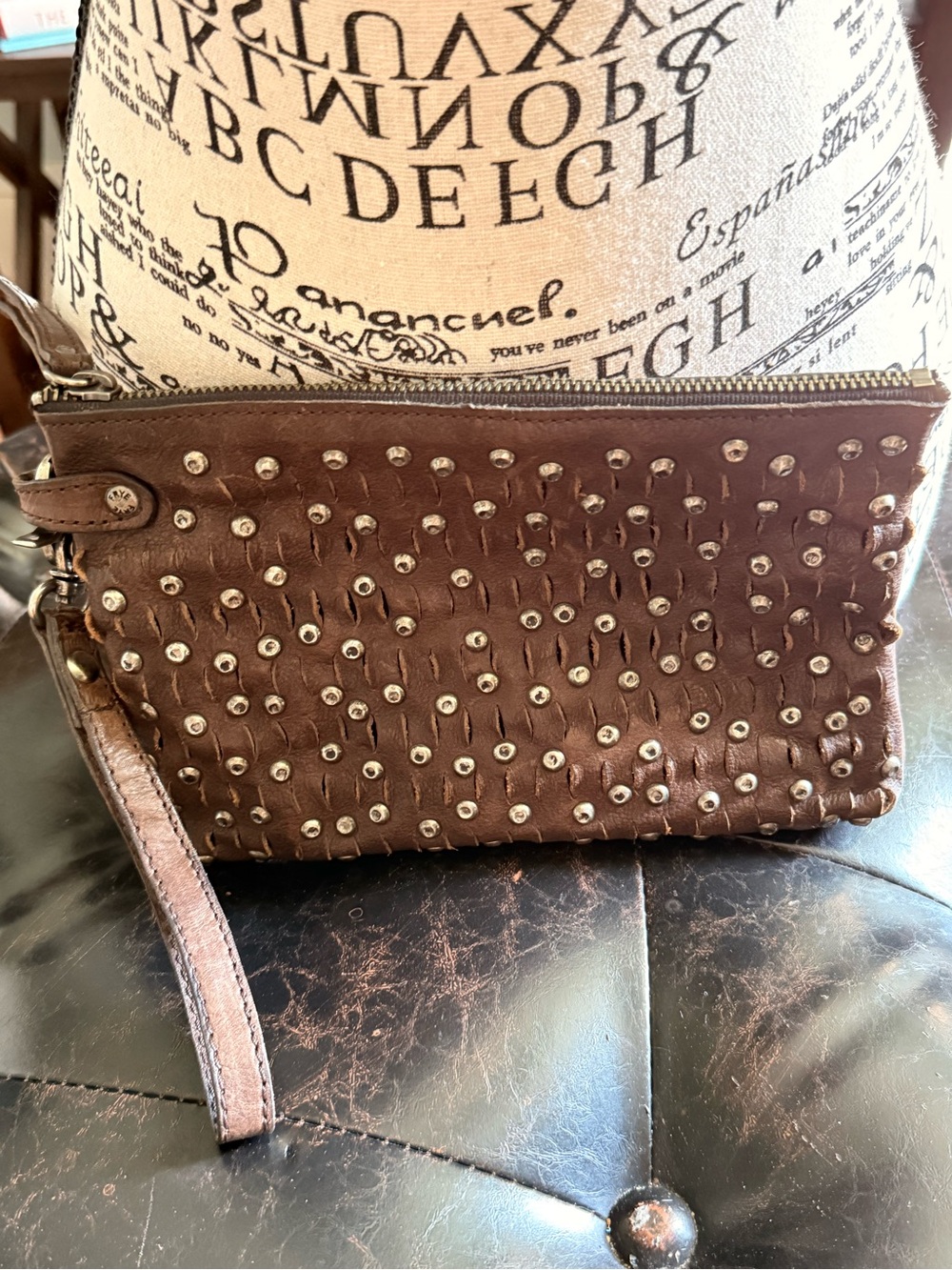 Frye Brown Studded Leather Wristlet Clutch